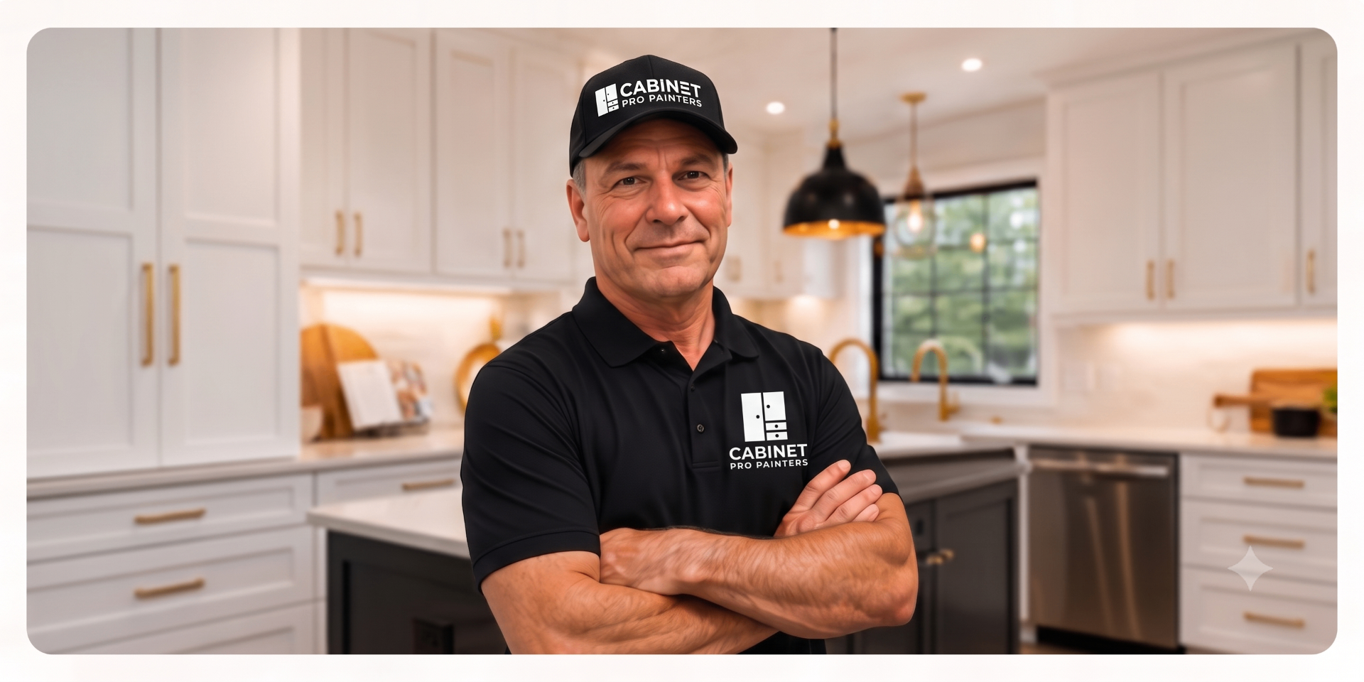 Cabinet Pro Painters spray finisher applying commercial-grade 2K polyurethane